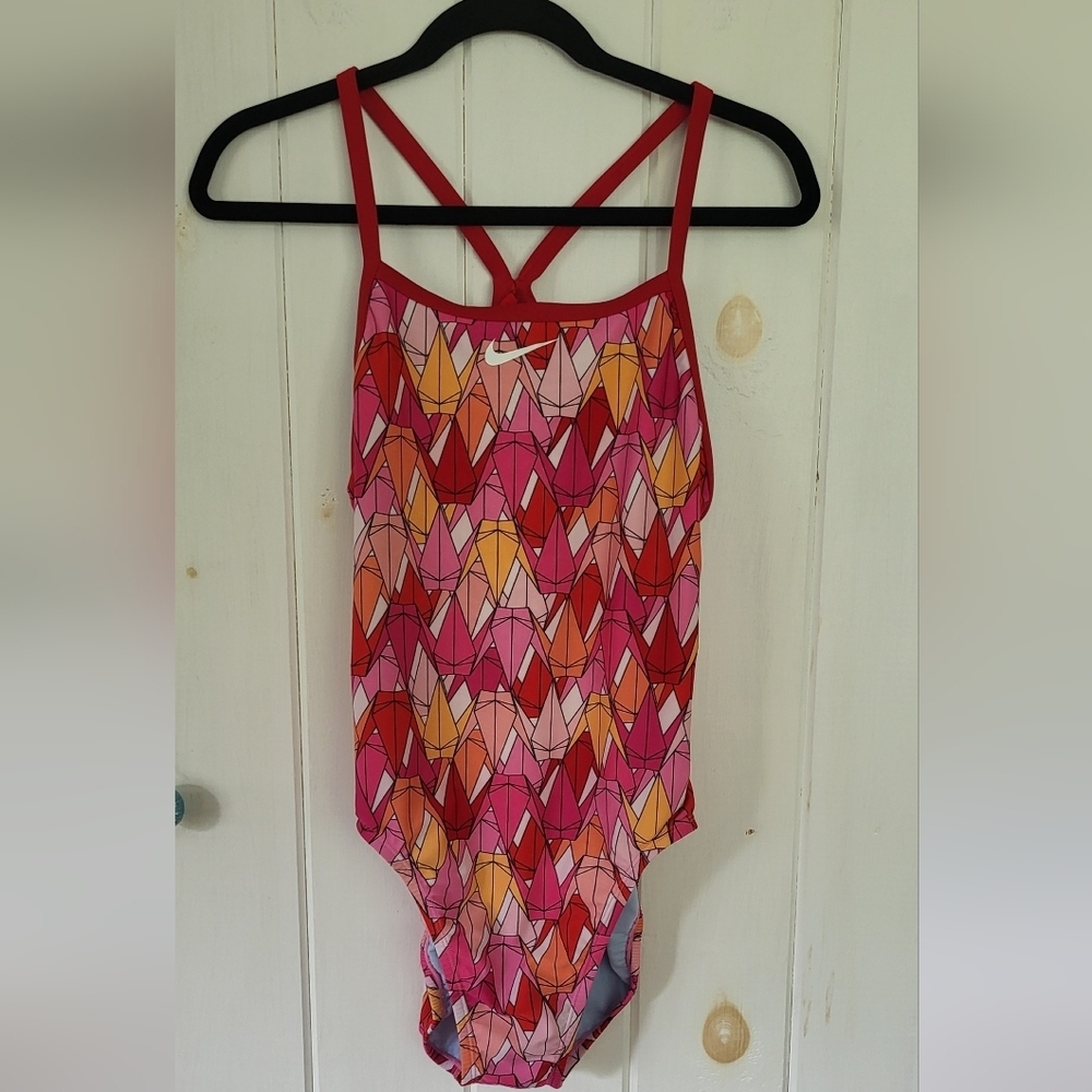 Nike Red and Pink Geometric One Piece Swimsuit